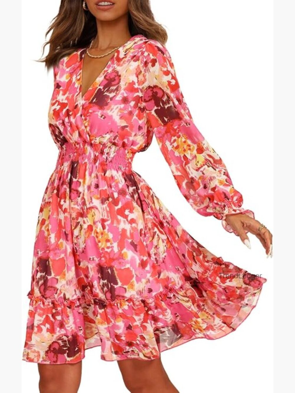 Women's Floral Chiffon Long Sleeve Mini Dress Flowy A-Line Wrap Neck Tie Back